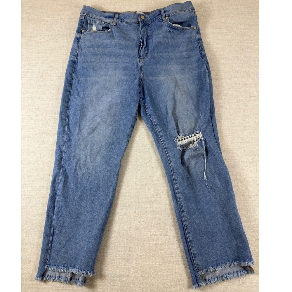 LOFT Distressed Straight Leg Jeans Medium Wash Frayed Step Hem Blue Denim